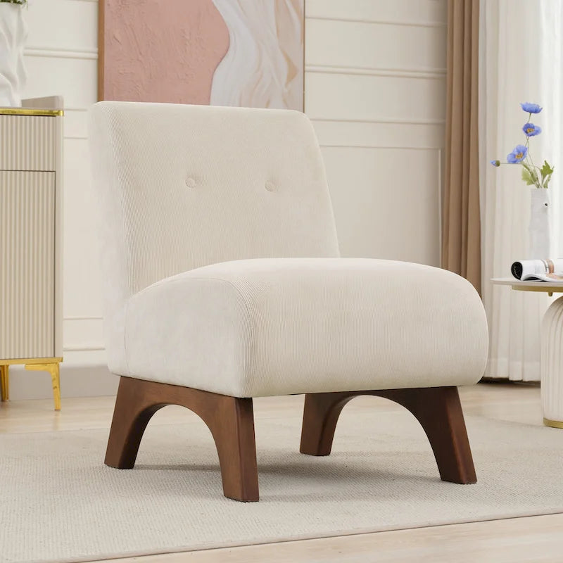 Armless Corduroy Accent Chair Tufted Back Solid Wood Arched Legs Multi-Color