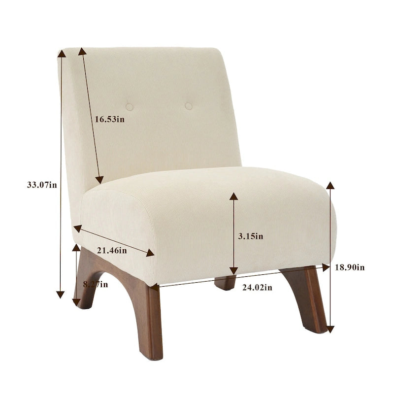Armless Corduroy Accent Chair Tufted Back Solid Wood Arched Legs Multi-Color
