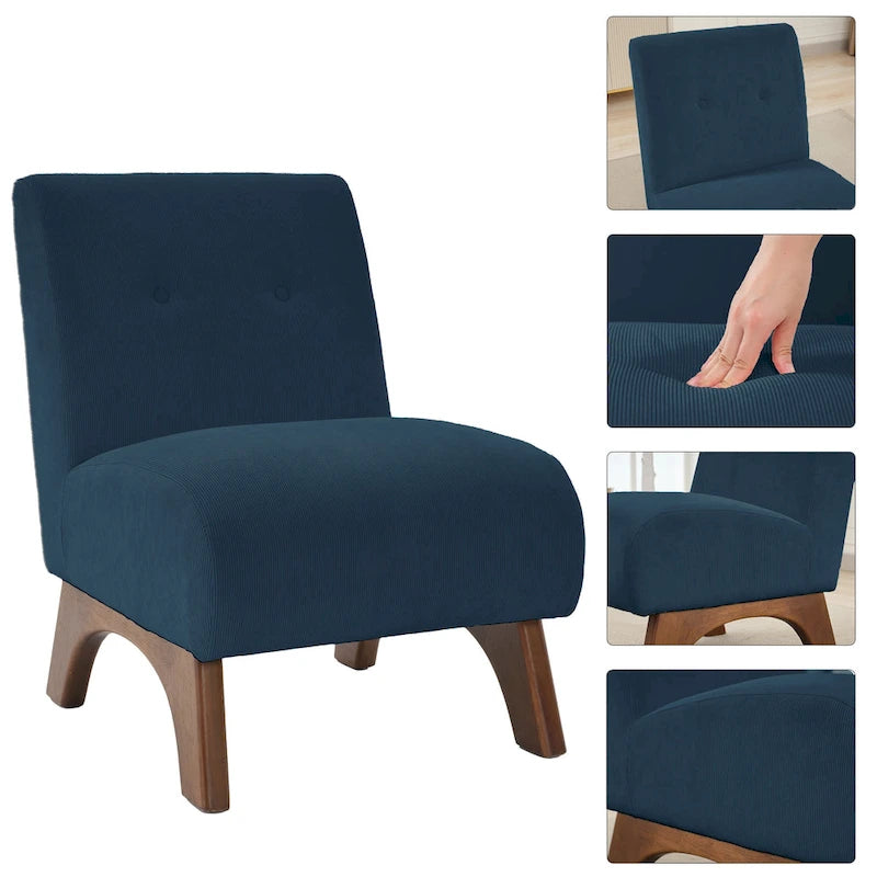Armless Corduroy Accent Chair Tufted Back Solid Wood Arched Legs Multi-Color
