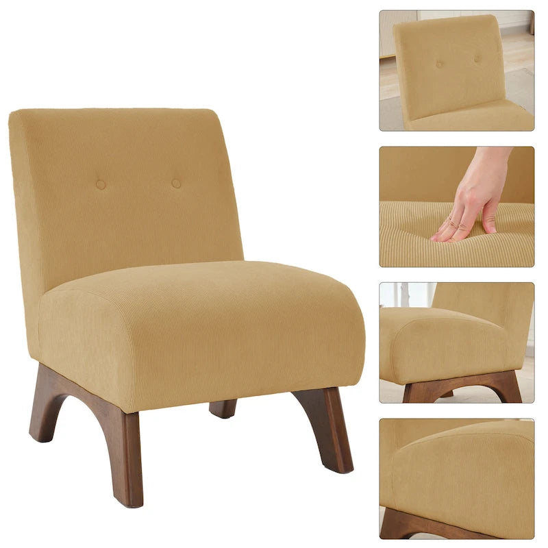 Armless Corduroy Accent Chair Tufted Back Solid Wood Arched Legs Multi-Color