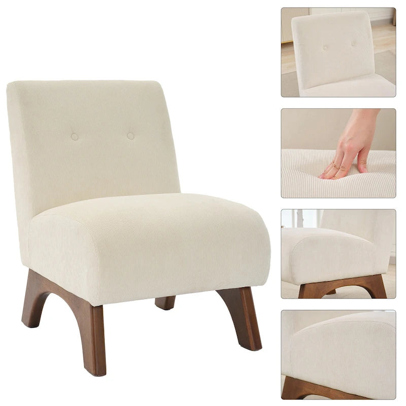 Armless Corduroy Accent Chair Tufted Back Solid Wood Arched Legs Multi-Color