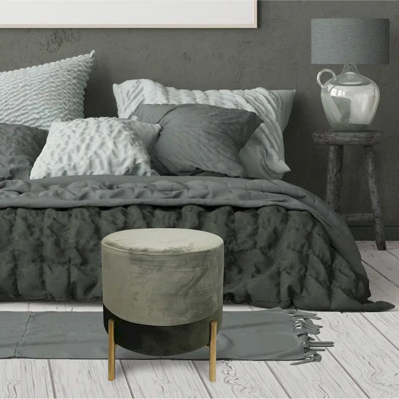 Round Velvet Ottoman with Gold Metal Legs Grey Upholstered Accent Footstool