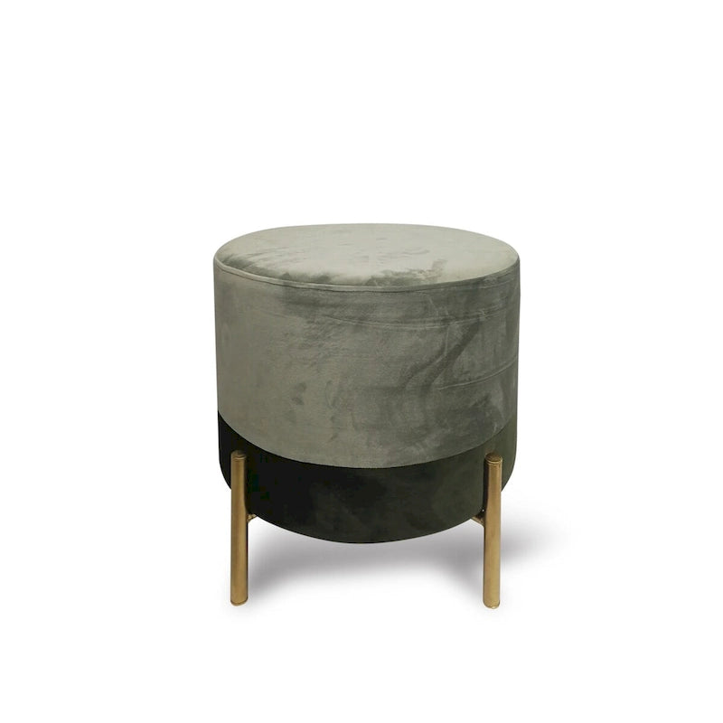 Round Velvet Ottoman with Gold Metal Legs Grey Upholstered Accent Footstool