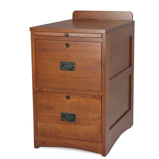 Rustic Brown Oak Two-Drawer Locking File Cabinet with Pull-Out Writing Tray