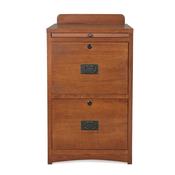 Rustic Brown Oak Two-Drawer Locking File Cabinet with Pull-Out Writing Tray