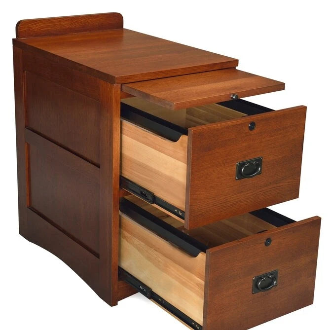 Rustic Brown Oak Two-Drawer Locking File Cabinet with Pull-Out Writing Tray