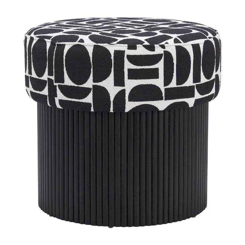 Round Storage Ottoman Black White Geometric Pattern Upholstered Fabric Wood Base