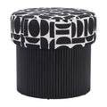 Round Storage Ottoman Black White Geometric Pattern Upholstered Fabric Wood Base