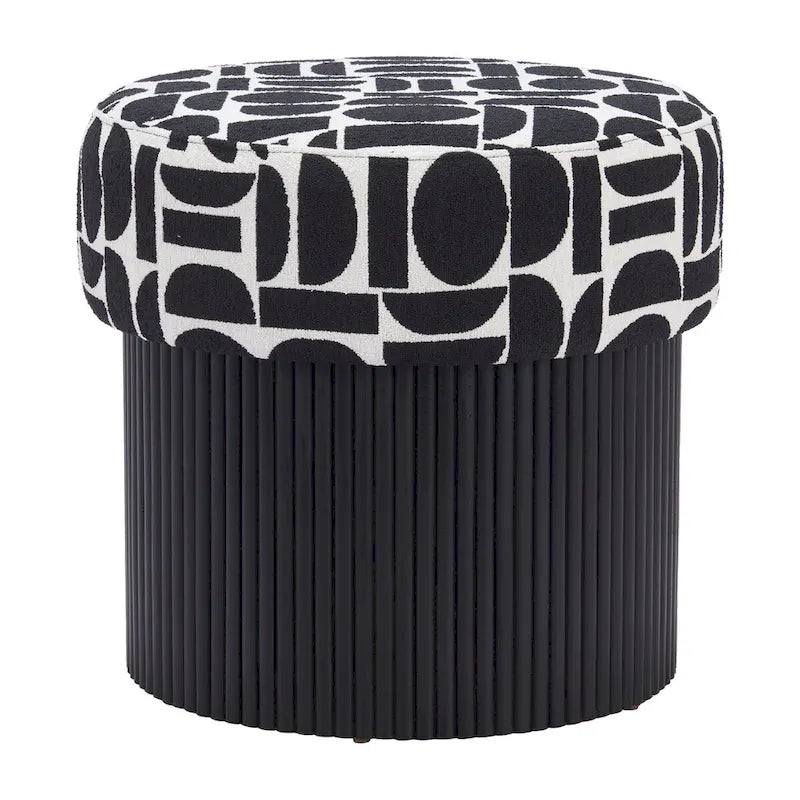 Round Storage Ottoman Black White Geometric Pattern Upholstered Fabric Wood Base