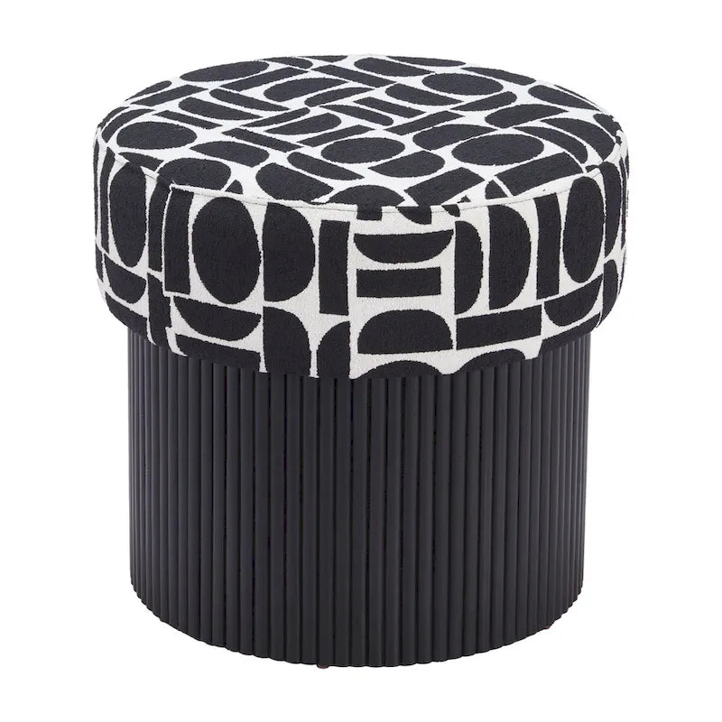 Round Storage Ottoman Black White Geometric Pattern Upholstered Fabric Wood Base
