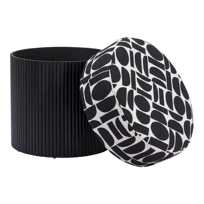 Round Storage Ottoman Black White Geometric Pattern Upholstered Fabric Wood Base