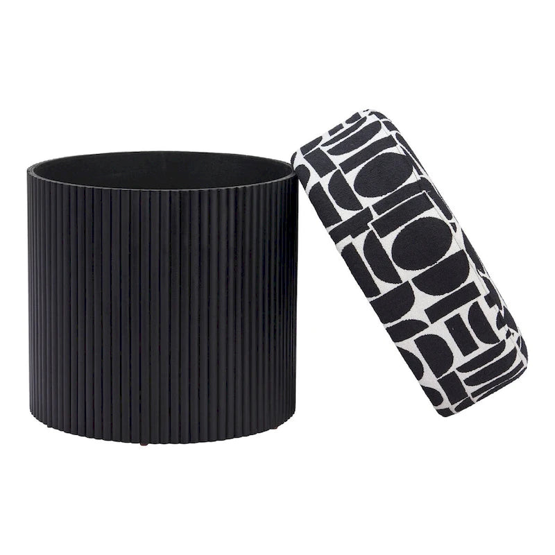 Round Storage Ottoman Black White Geometric Pattern Upholstered Fabric Wood Base