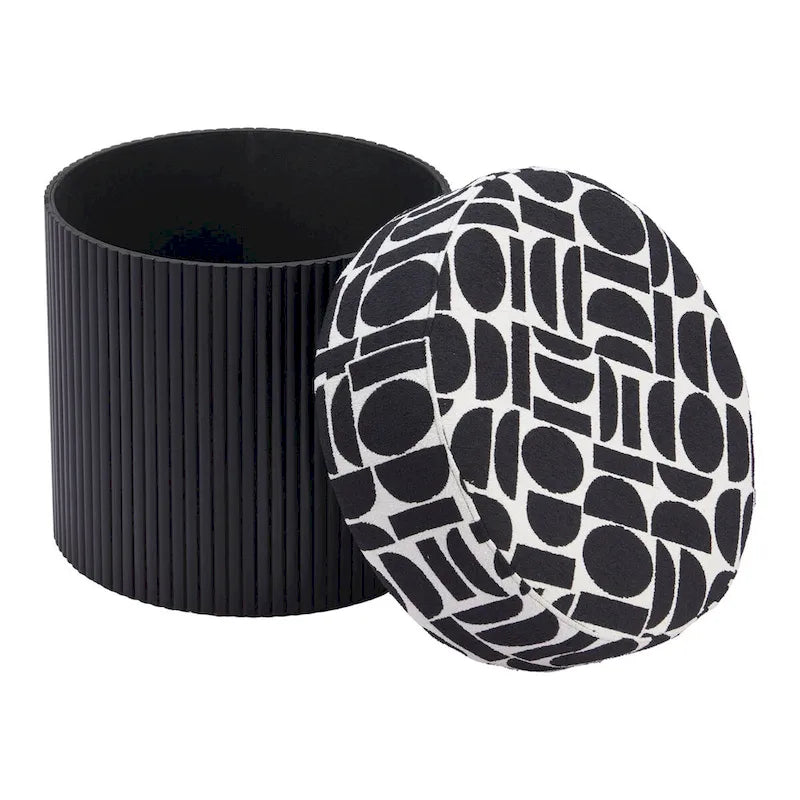 Round Storage Ottoman Black White Geometric Pattern Upholstered Fabric Wood Base