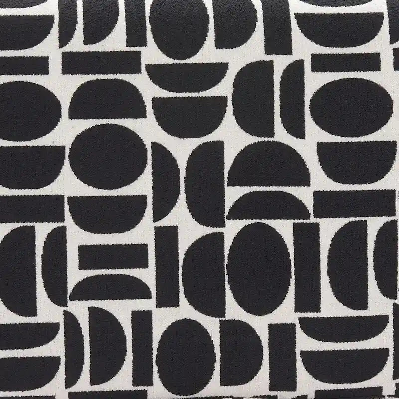 Round Storage Ottoman Black White Geometric Pattern Upholstered Fabric Wood Base