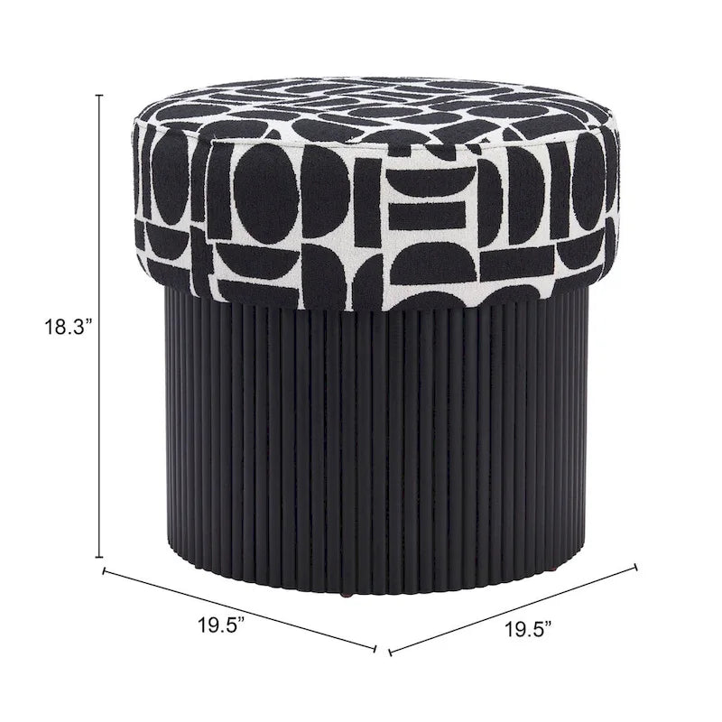Round Storage Ottoman Black White Geometric Pattern Upholstered Fabric Wood Base