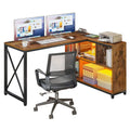Reversible L-Shaped Corner Desk with Storage Shelves, RGB LED Lighting, Brown