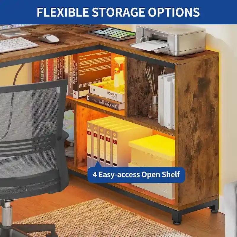 Reversible L-Shaped Corner Desk with Storage Shelves, RGB LED Lighting, Brown