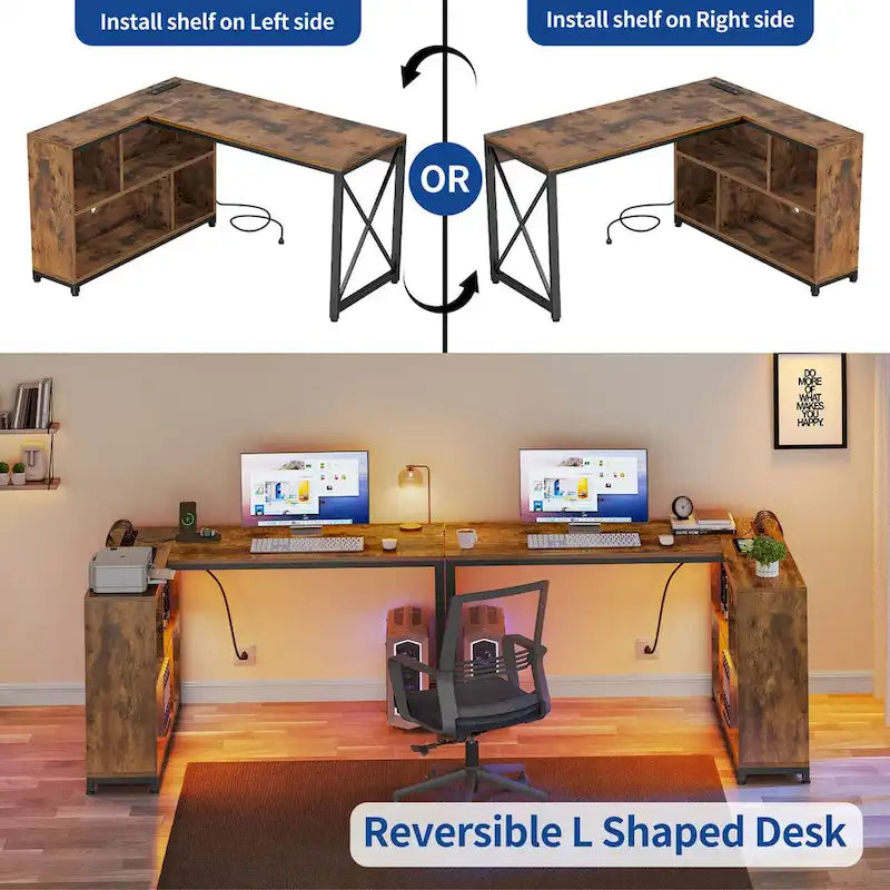 Reversible L-Shaped Corner Desk with Storage Shelves, RGB LED Lighting, Brown