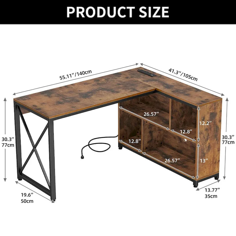 Reversible L-Shaped Corner Desk with Storage Shelves, RGB LED Lighting, Brown
