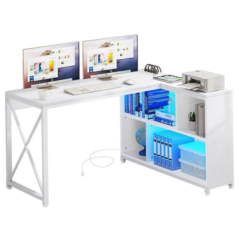 Reversible L-Shaped Corner Desk with Storage Shelves, RGB LED Lighting, Brown