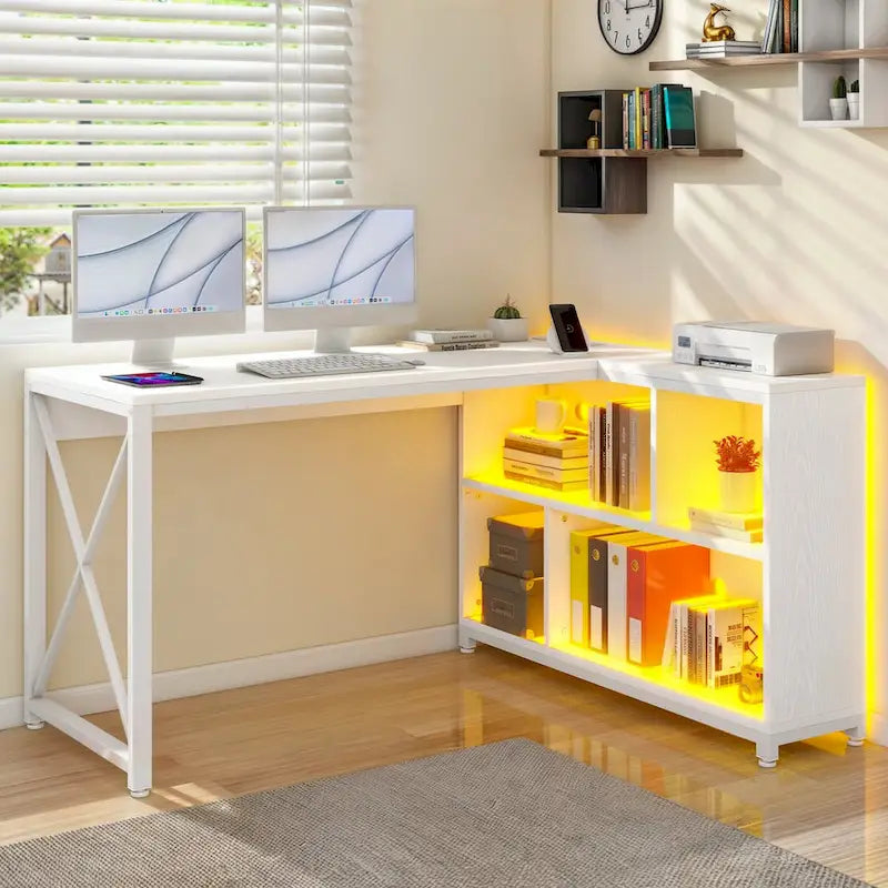 Reversible L-Shaped Corner Desk with Storage Shelves, RGB LED Lighting, Brown