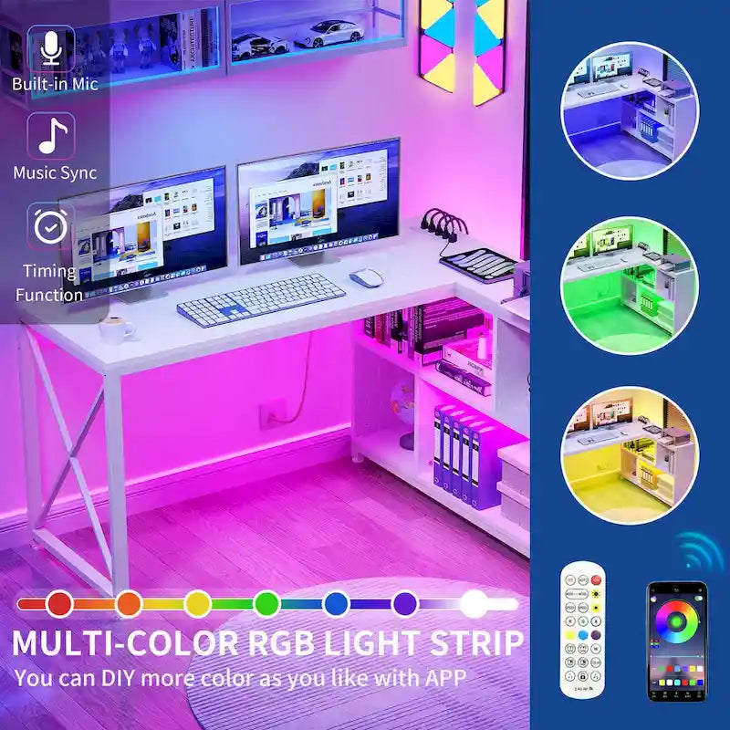 Reversible L-Shaped Corner Desk with Storage Shelves, RGB LED Lighting, Brown