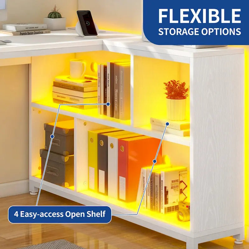 Reversible L-Shaped Corner Desk with Storage Shelves, RGB LED Lighting, Brown