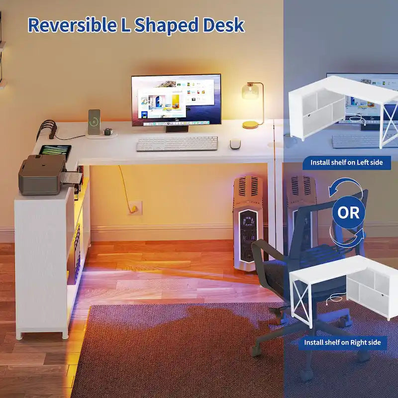 Reversible L-Shaped Corner Desk with Storage Shelves, RGB LED Lighting, Brown