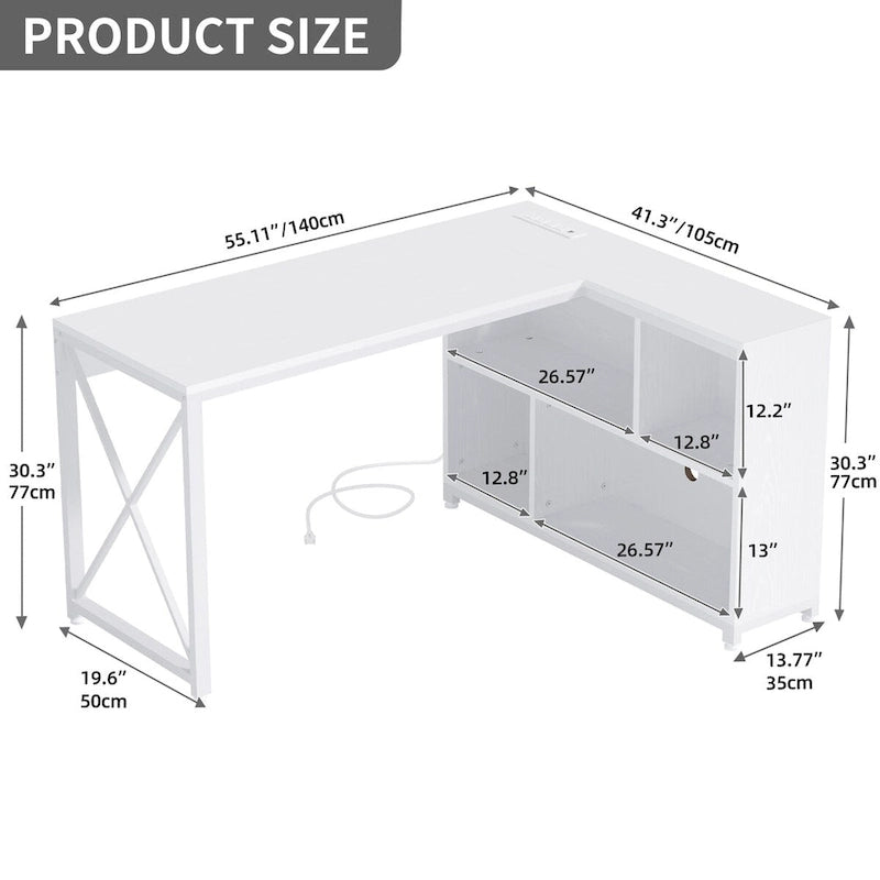 Reversible L-Shaped Corner Desk with Storage Shelves, RGB LED Lighting, Brown