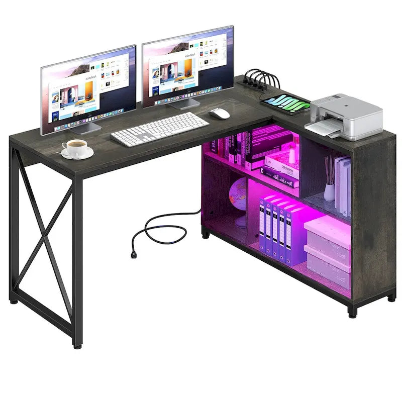 Reversible L-Shaped Corner Desk with Storage Shelves, RGB LED Lighting, Brown