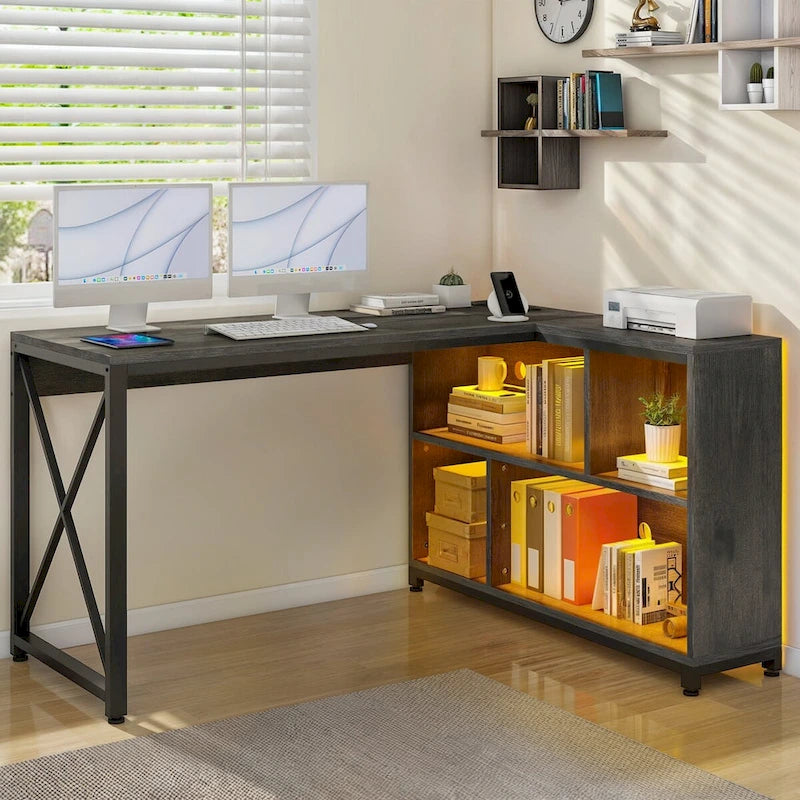 Reversible L-Shaped Corner Desk with Storage Shelves, RGB LED Lighting, Brown