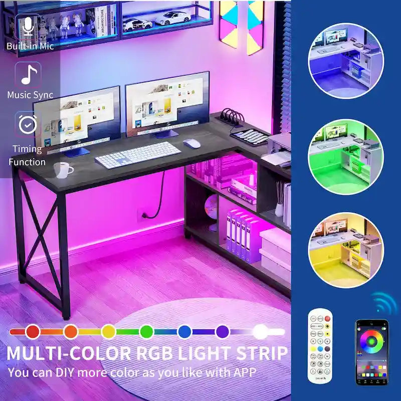 Reversible L-Shaped Corner Desk with Storage Shelves, RGB LED Lighting, Brown