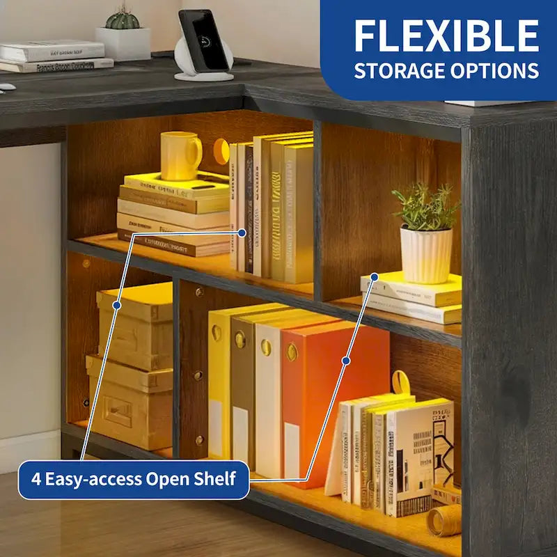 Reversible L-Shaped Corner Desk with Storage Shelves, RGB LED Lighting, Brown