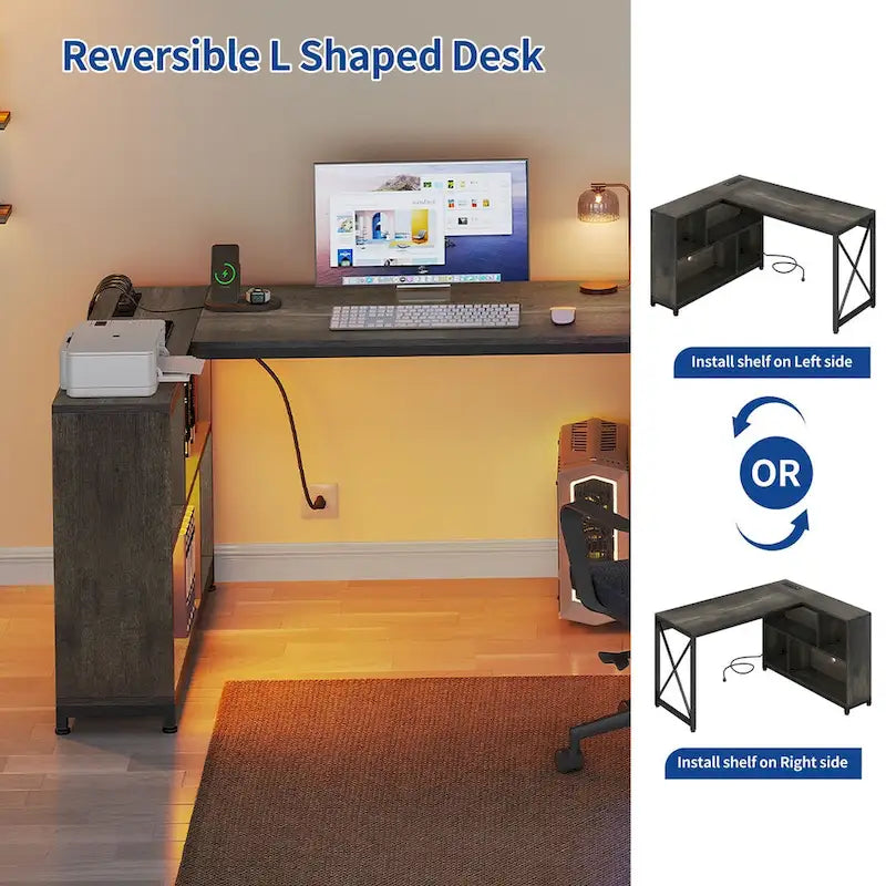 Reversible L-Shaped Corner Desk with Storage Shelves, RGB LED Lighting, Brown