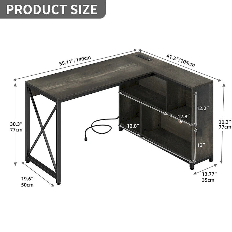 Reversible L-Shaped Corner Desk with Storage Shelves, RGB LED Lighting, Brown