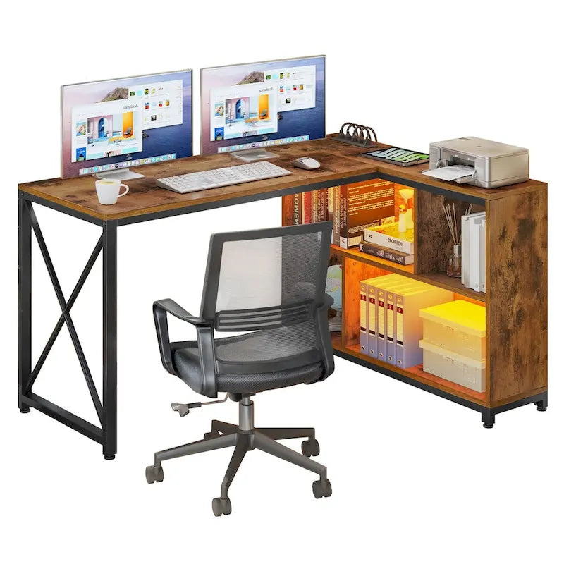 Reversible L-Shaped Corner Desk with Storage Shelves, RGB LED Lighting, Brown