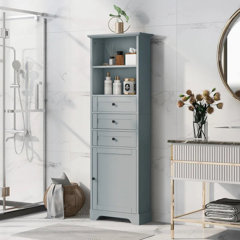 Tall Freestanding Bathroom Storage Cabinet with 3 Drawers Open Shelves Grey White