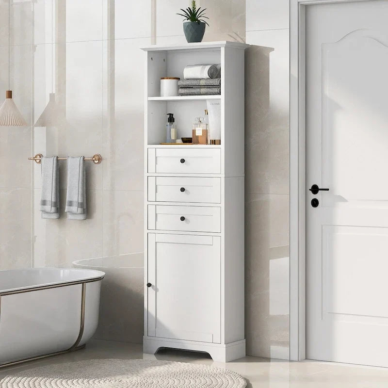 Meuble de rangement de salle de bain haut sur pied avec 3 tiroirs et étagères ouvertes Gris Blanc