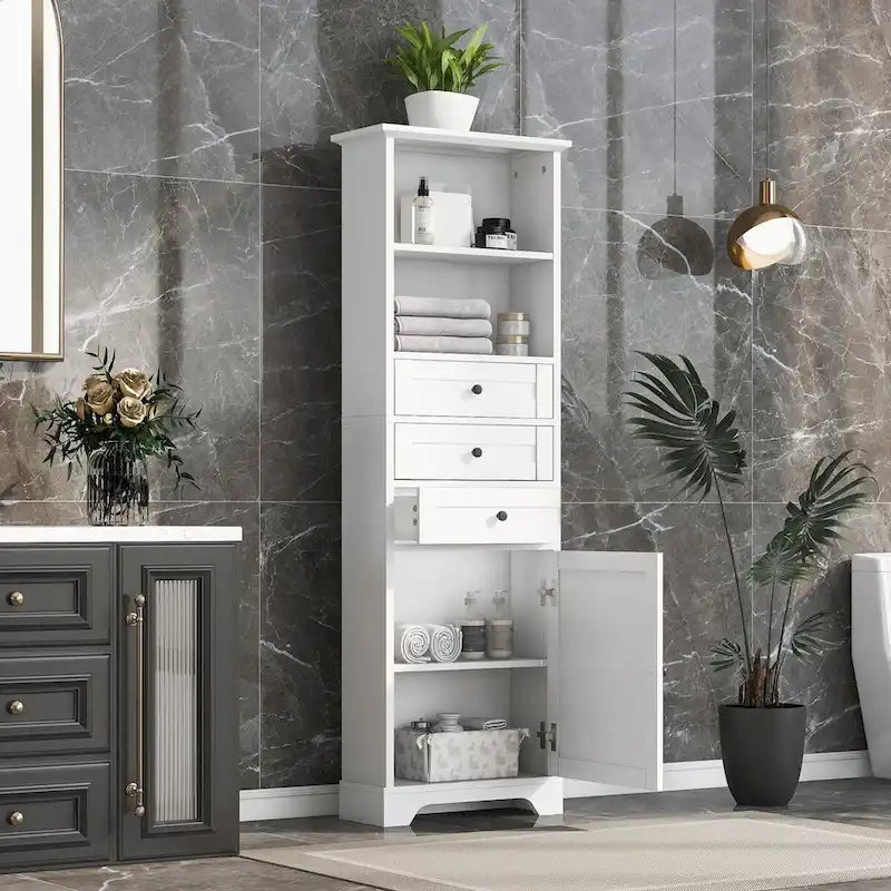 Tall Freestanding Bathroom Storage Cabinet with 3 Drawers Open Shelves Grey White