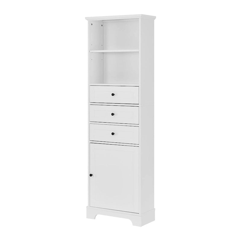 Tall Freestanding Bathroom Storage Cabinet with 3 Drawers Open Shelves Grey White