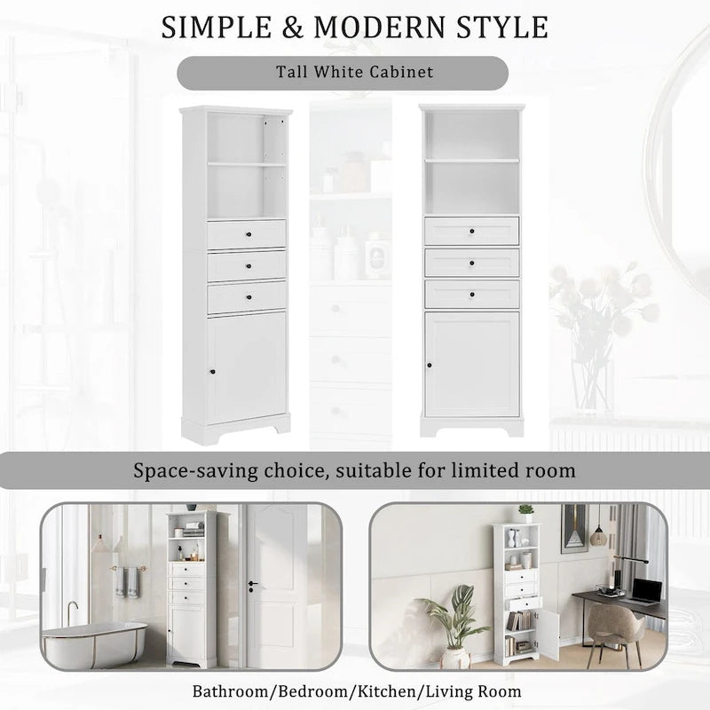 Tall Freestanding Bathroom Storage Cabinet with 3 Drawers Open Shelves Grey White
