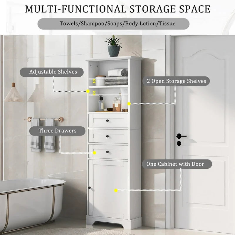 Tall Freestanding Bathroom Storage Cabinet with 3 Drawers Open Shelves Grey White