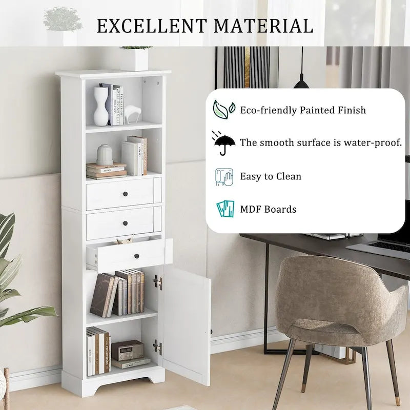 Tall Freestanding Bathroom Storage Cabinet with 3 Drawers Open Shelves Grey White