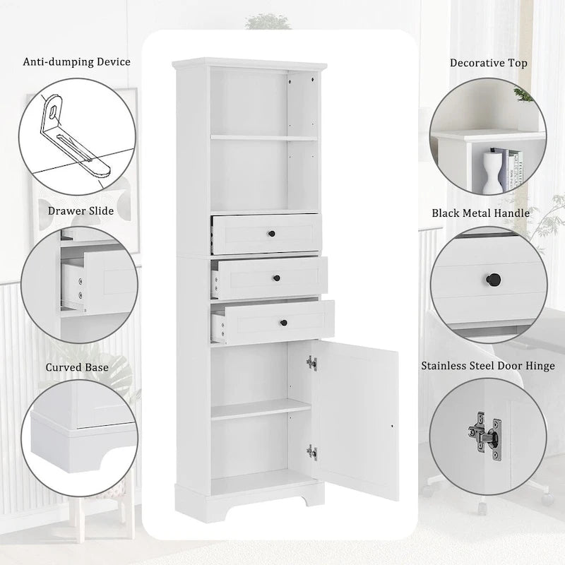 Tall Freestanding Bathroom Storage Cabinet with 3 Drawers Open Shelves Grey White