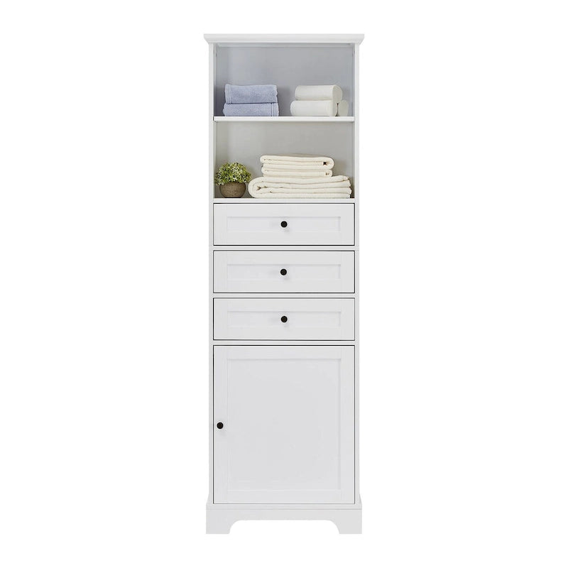 Tall Freestanding Bathroom Storage Cabinet with 3 Drawers Open Shelves Grey White
