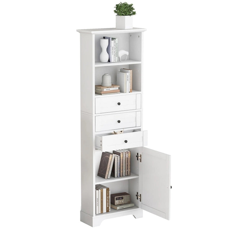 Tall Freestanding Bathroom Storage Cabinet with 3 Drawers Open Shelves Grey White