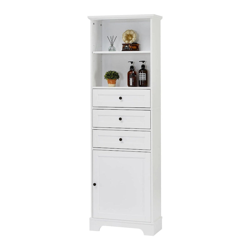 Tall Freestanding Bathroom Storage Cabinet with 3 Drawers Open Shelves Grey White