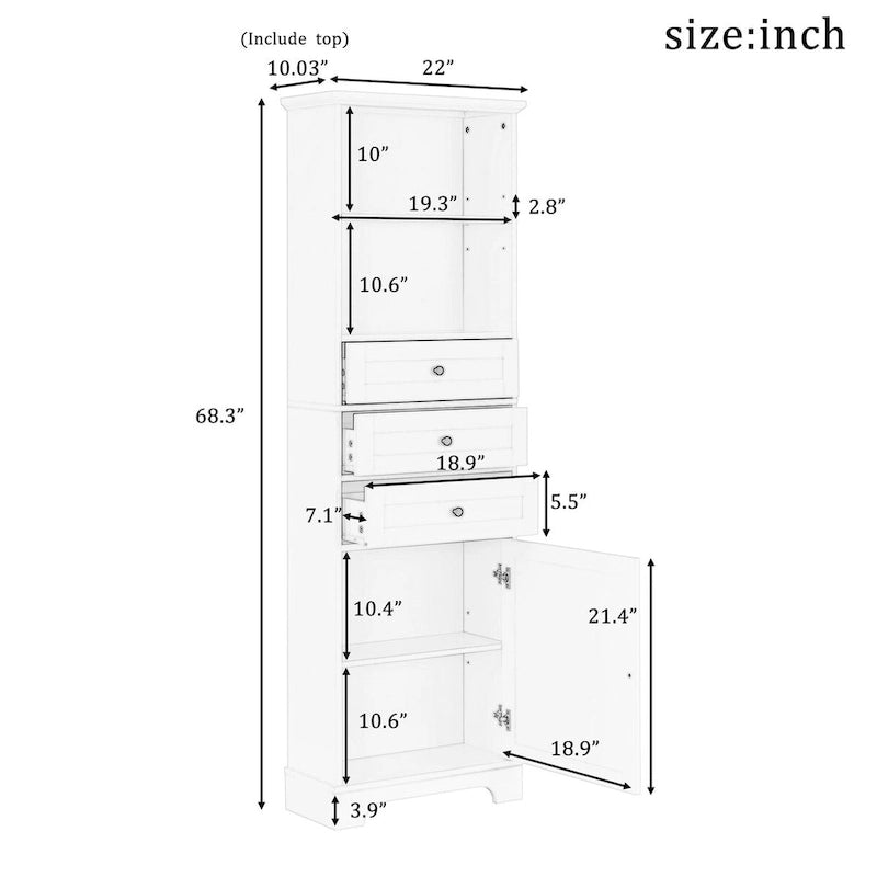 Tall Freestanding Bathroom Storage Cabinet with 3 Drawers Open Shelves Grey White