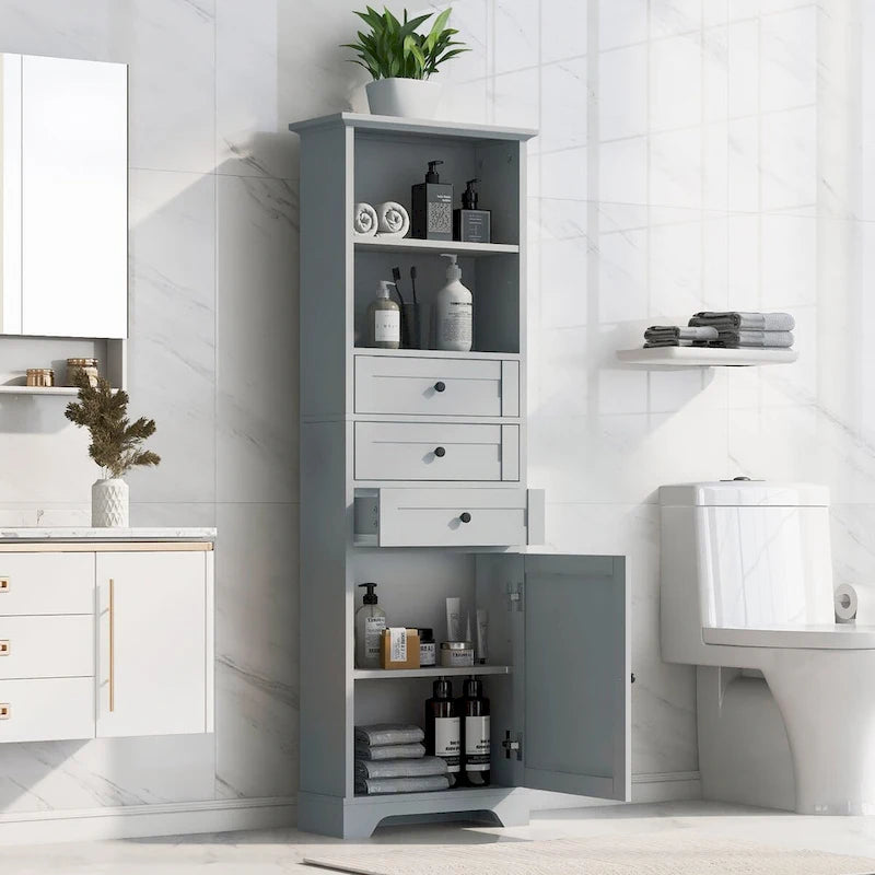 Tall Freestanding Bathroom Storage Cabinet with 3 Drawers Open Shelves Grey White