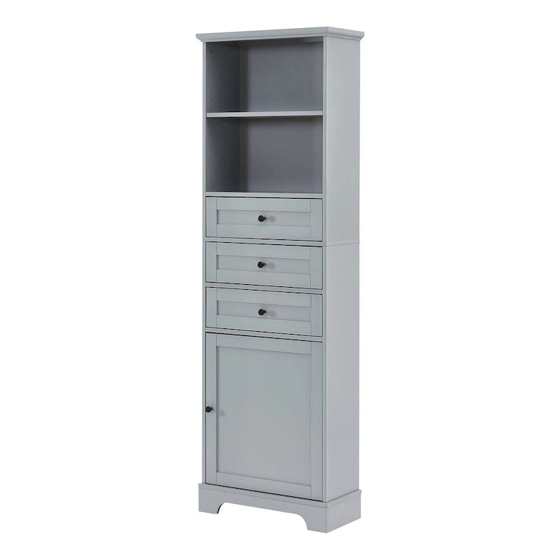 Tall Freestanding Bathroom Storage Cabinet with 3 Drawers Open Shelves Grey White